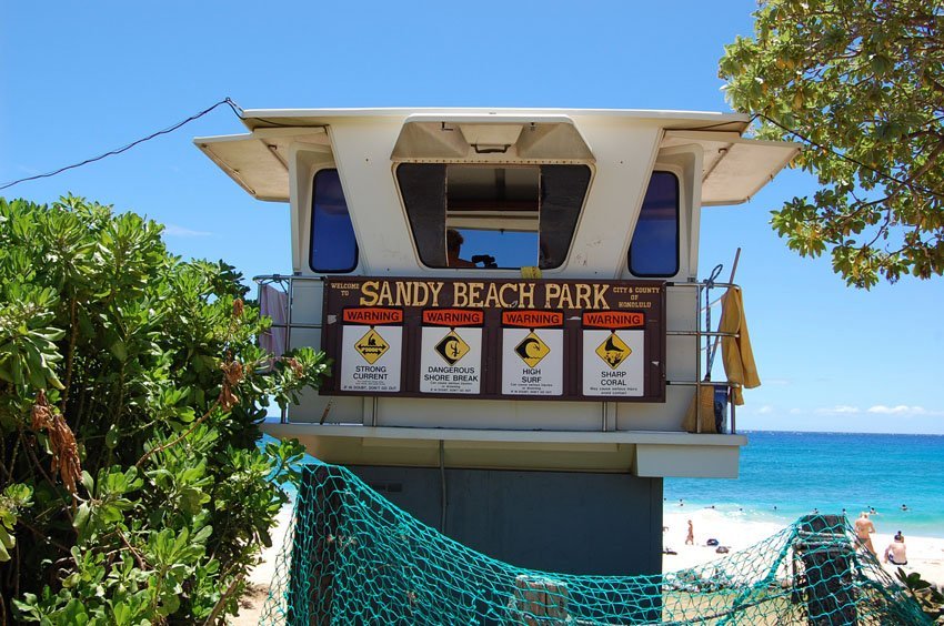 Lifeguard tower with warning signs