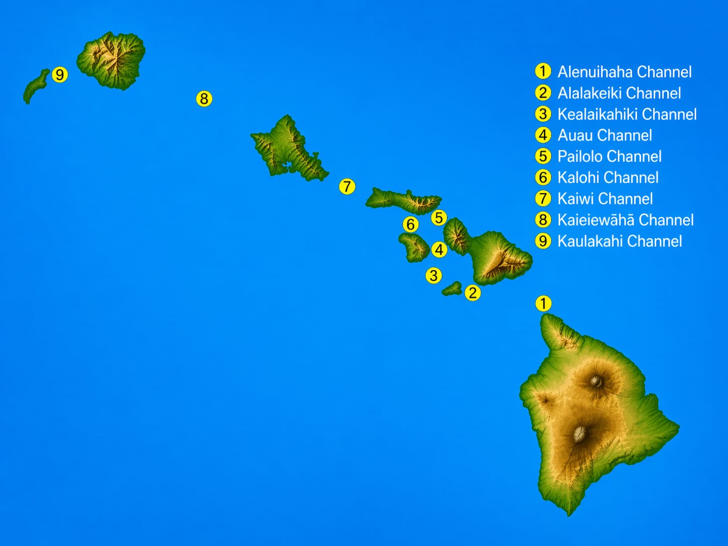 Map of Hawaii ocean channels between the main Hawaiian Islands