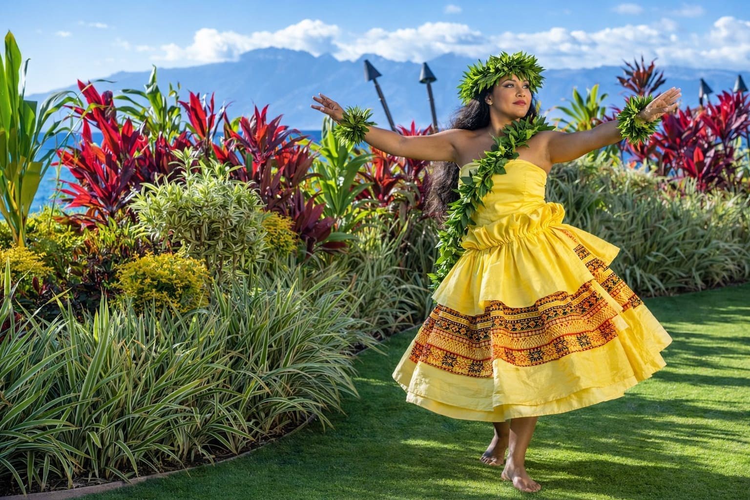 Hula dancer in a tropical garden, from the current To-Hawaii.com homepage