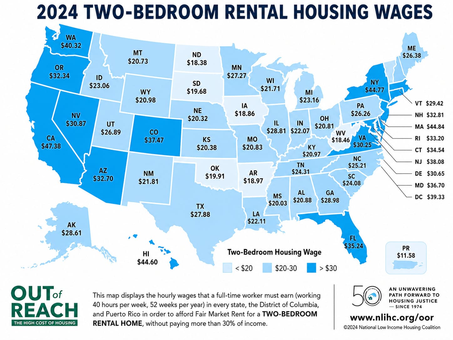 U.S. housing wage map showing the hourly wage needed to afford rent by state