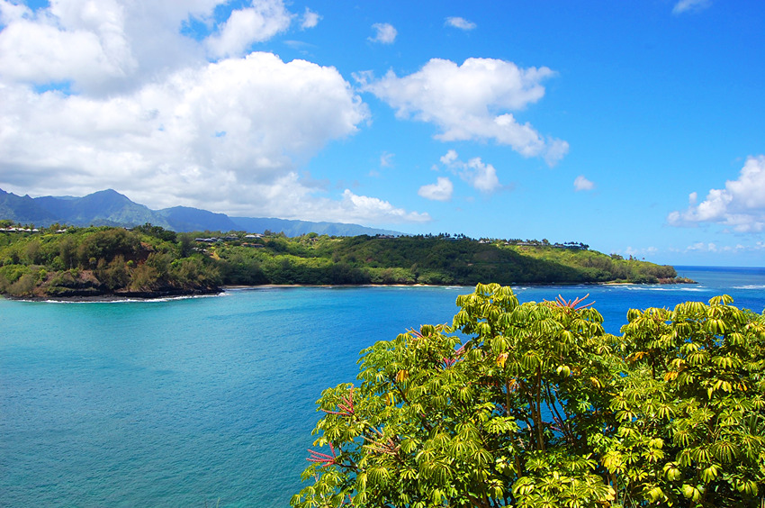 Blue Ocean and Green Kauai Mountains