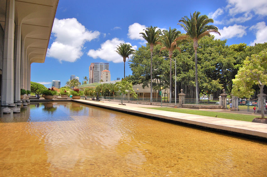 A Pool Surrounds the Building